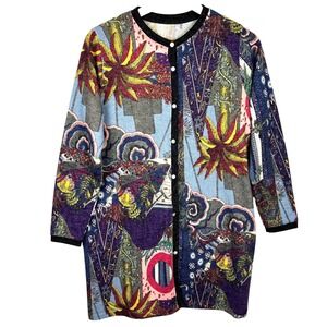 Womens Button Cardigan Duster Sweater ENCY M-L Jungle City Boho Artsy Tropical